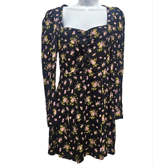 Zara Dresses & Skirts - 00107 Zara Floral Print Lavender Rose Mini Black Purple Long Sleeve Dress Medium